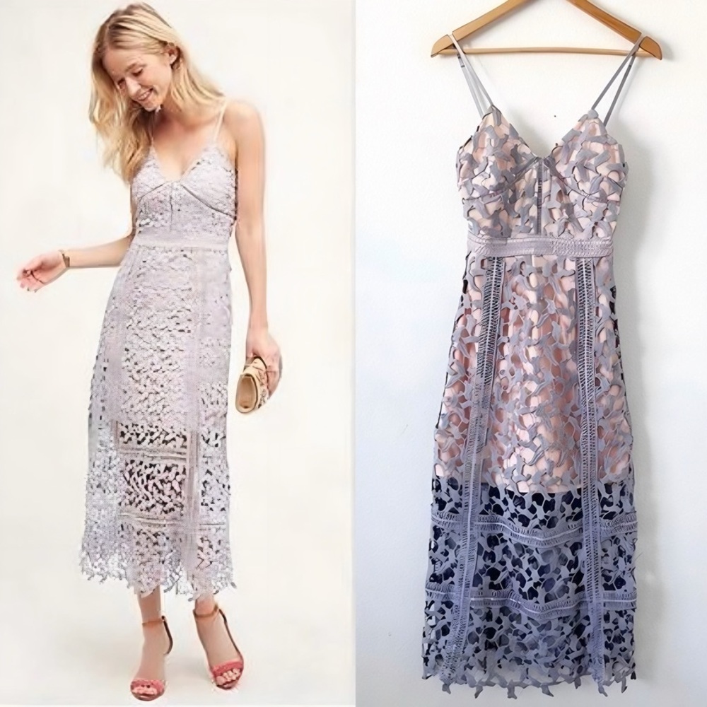 💃 Elliat Elegant Lace Midi Dress in Lavender Blue, pink lining. Size Medium